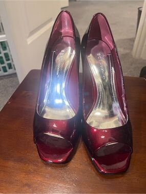 BCBGeneration Women's Wine Red Patent Peep-Toe Heels